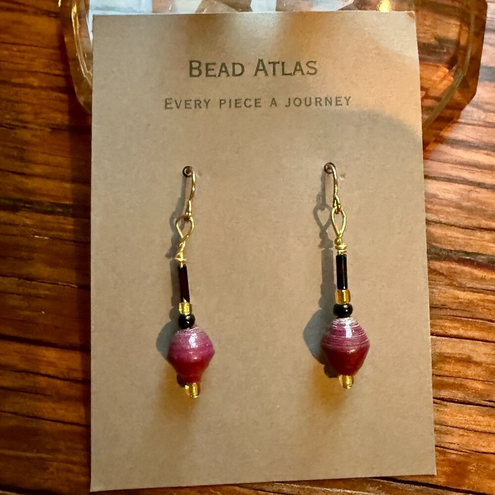 Handmade Bead Atlas Earrings |  Paper and Glass Beads & Goldtone